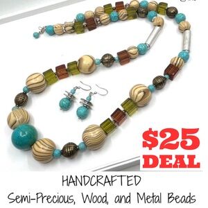 🎁GiftReady NWT Handmade Chunky Wood and Semi-Precious Necklace and Earrings SET